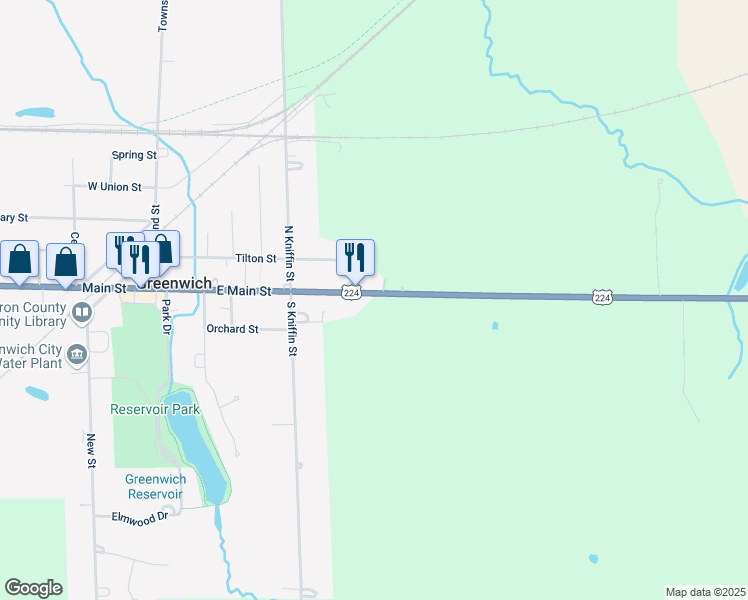 map of restaurants, bars, coffee shops, grocery stores, and more near 2131 U.S. 224 in Greenwich