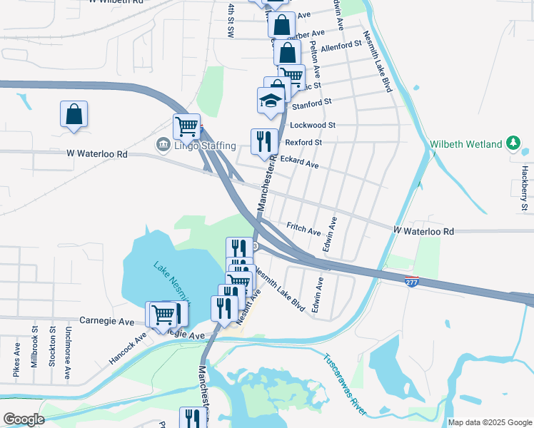 map of restaurants, bars, coffee shops, grocery stores, and more near 2556 Nesbitt Avenue in Akron
