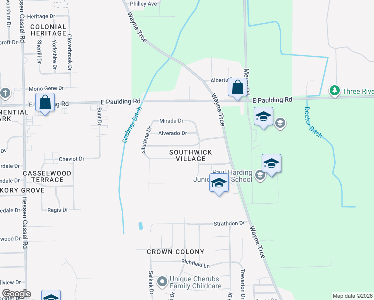 map of restaurants, bars, coffee shops, grocery stores, and more near 4428-4436 Casa Verde Drive in Fort Wayne