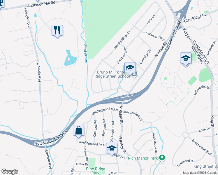 map of restaurants, bars, coffee shops, grocery stores, and more near 196 Country Ridge Drive in Rye Brook