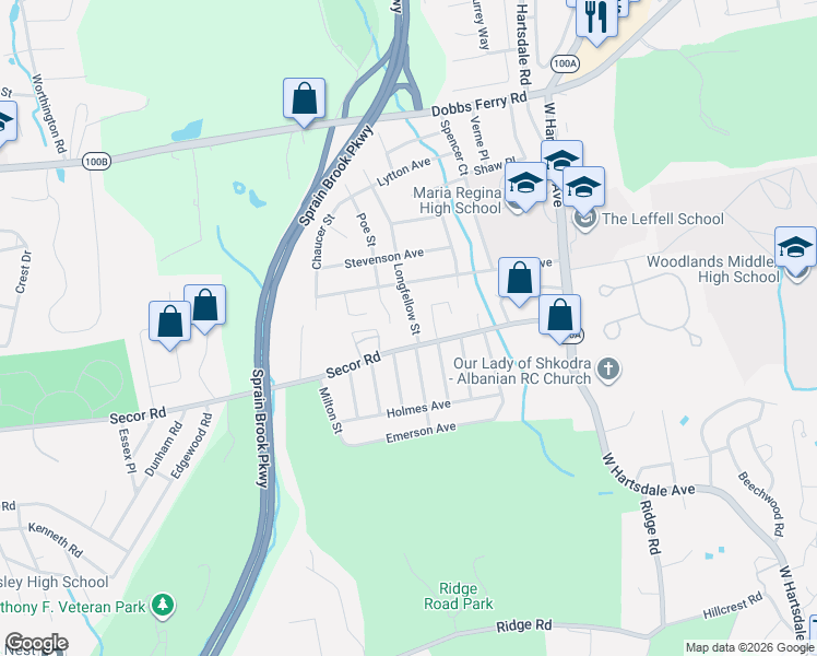 map of restaurants, bars, coffee shops, grocery stores, and more near 16 Longfellow Street in Hartsdale