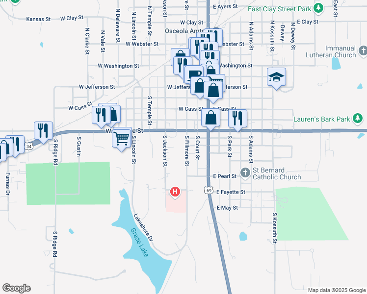 map of restaurants, bars, coffee shops, grocery stores, and more near 500 South Fillmore Street in Osceola