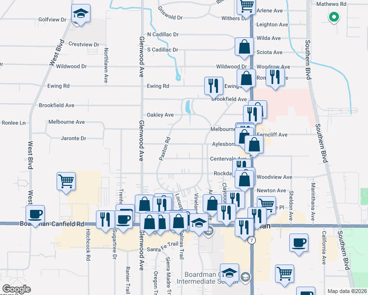 map of restaurants, bars, coffee shops, grocery stores, and more near 141 Aylesboro Avenue in Youngstown