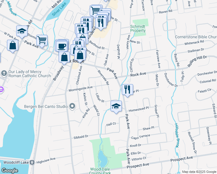 map of restaurants, bars, coffee shops, grocery stores, and more near 73 Rivervale Road in Park Ridge