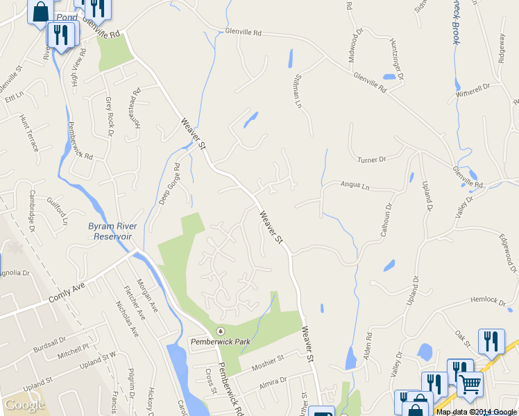 map of restaurants, bars, coffee shops, grocery stores, and more near 156 Weaver Street in Greenwich