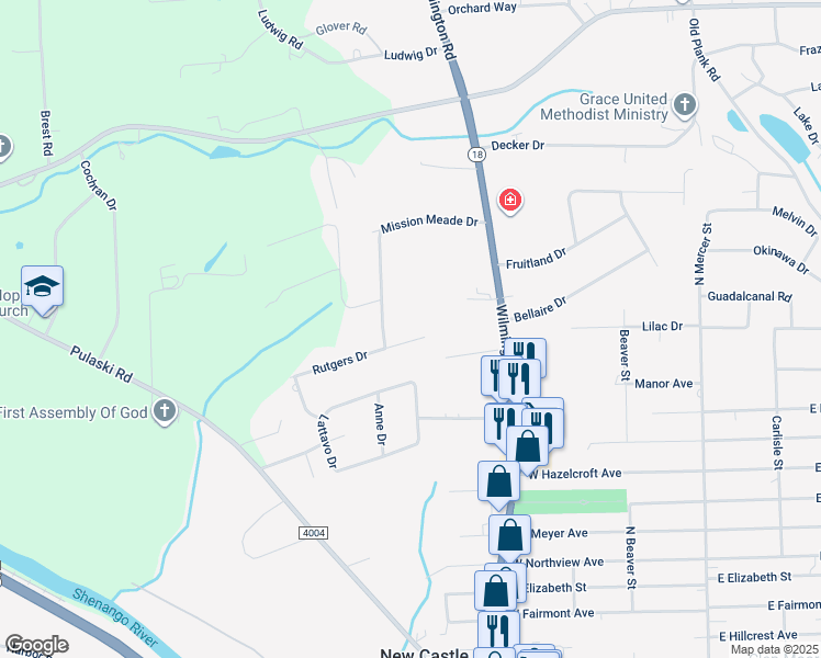 map of restaurants, bars, coffee shops, grocery stores, and more near 305 Mission Meade Extension in New Castle