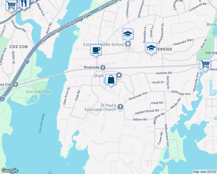 map of restaurants, bars, coffee shops, grocery stores, and more near 22 Lake Drive South in Greenwich