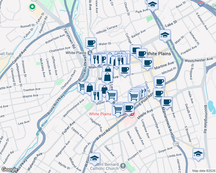map of restaurants, bars, coffee shops, grocery stores, and more near 76 South Lexington Avenue in White Plains