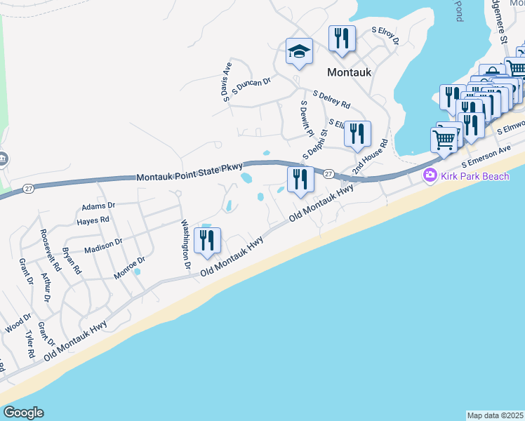 map of restaurants, bars, coffee shops, grocery stores, and more near 727 Old Montauk Highway in Montauk