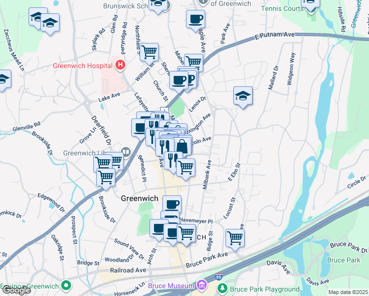 map of restaurants, bars, coffee shops, grocery stores, and more near 3 Lincoln Avenue in Greenwich