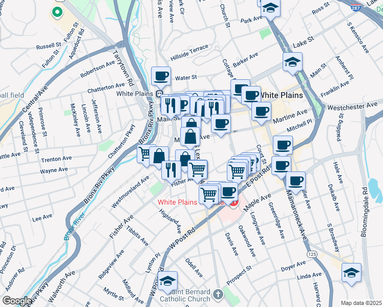 map of restaurants, bars, coffee shops, grocery stores, and more near 76 South Lexington Avenue in White Plains