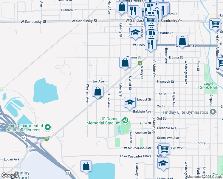 map of restaurants, bars, coffee shops, grocery stores, and more near 429 Elm Street in Findlay