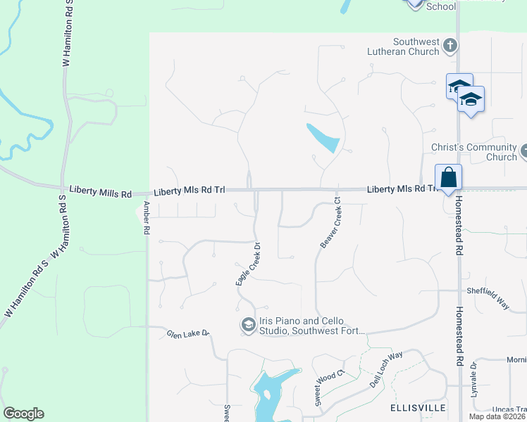 map of restaurants, bars, coffee shops, grocery stores, and more near 5825 Eagle Creek Drive in Fort Wayne