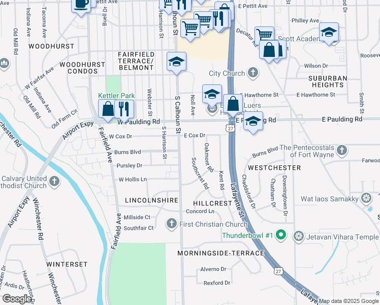 map of restaurants, bars, coffee shops, grocery stores, and more near 6010 Southcrest Road in Fort Wayne