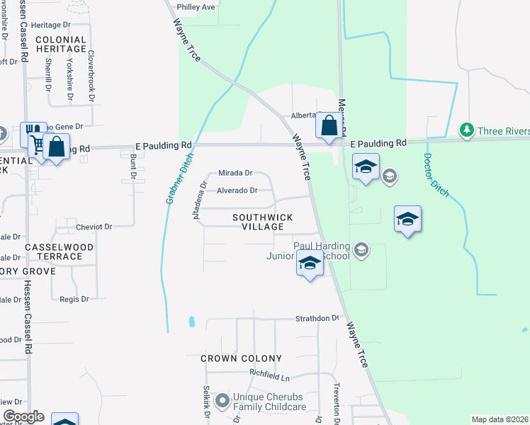 map of restaurants, bars, coffee shops, grocery stores, and more near 4428 Casa Verde Drive in Fort Wayne