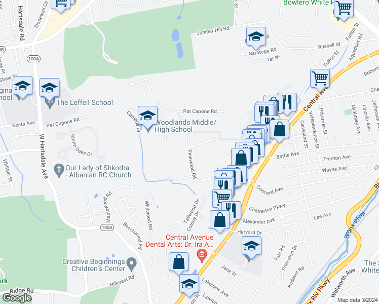 map of restaurants, bars, coffee shops, grocery stores, and more near 185 Pinewood Road in Hartsdale