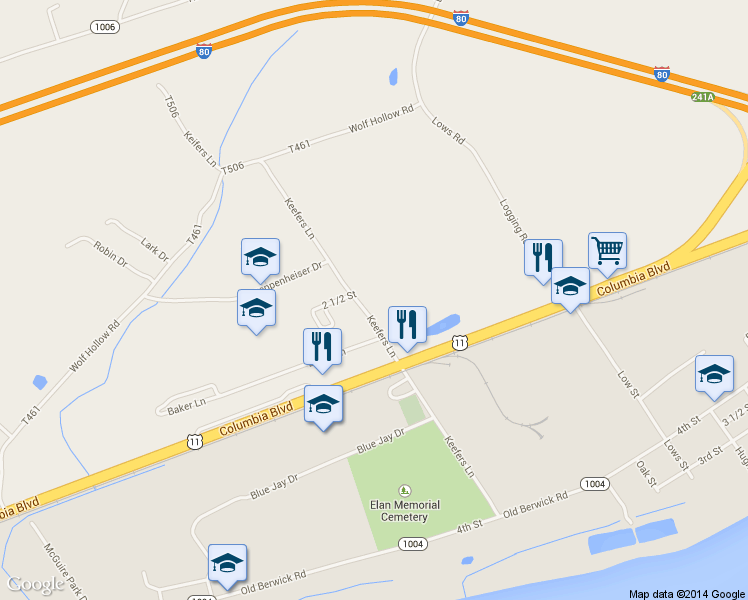 map of restaurants, bars, coffee shops, grocery stores, and more near 6812 Keefers Ln in Bloomsburg