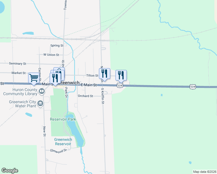 map of restaurants, bars, coffee shops, grocery stores, and more near 50 East Main Street in Greenwich