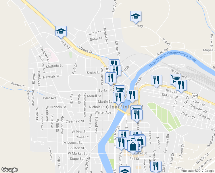 map of restaurants, bars, coffee shops, grocery stores, and more near 122 Fulton Street in Clearfield