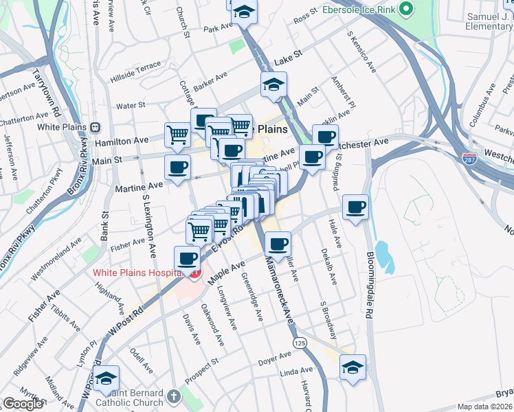 map of restaurants, bars, coffee shops, grocery stores, and more near 161 Mamaroneck Avenue in White Plains
