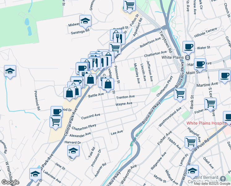 map of restaurants, bars, coffee shops, grocery stores, and more near 218 Battle Avenue in White Plains
