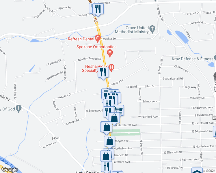 map of restaurants, bars, coffee shops, grocery stores, and more near 2501 Wilmington Road in New Castle