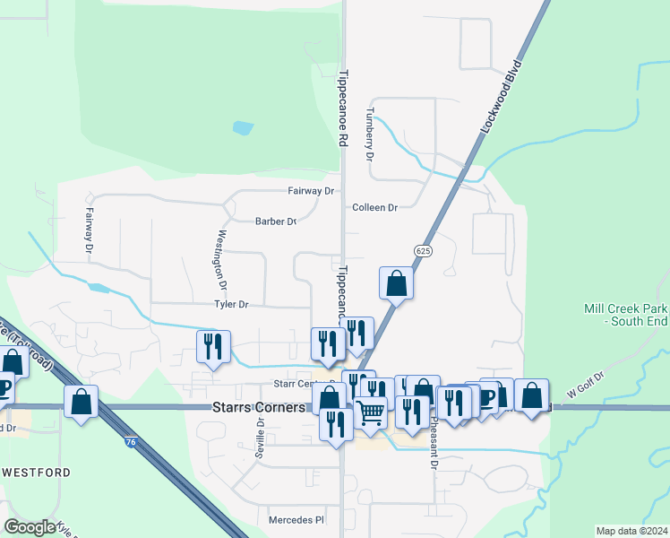 map of restaurants, bars, coffee shops, grocery stores, and more near 6160 Tippecanoe Road in Canfield