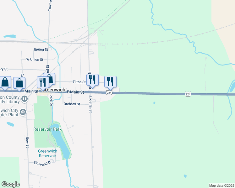 map of restaurants, bars, coffee shops, grocery stores, and more near 2131 U.S. 224 in Greenwich