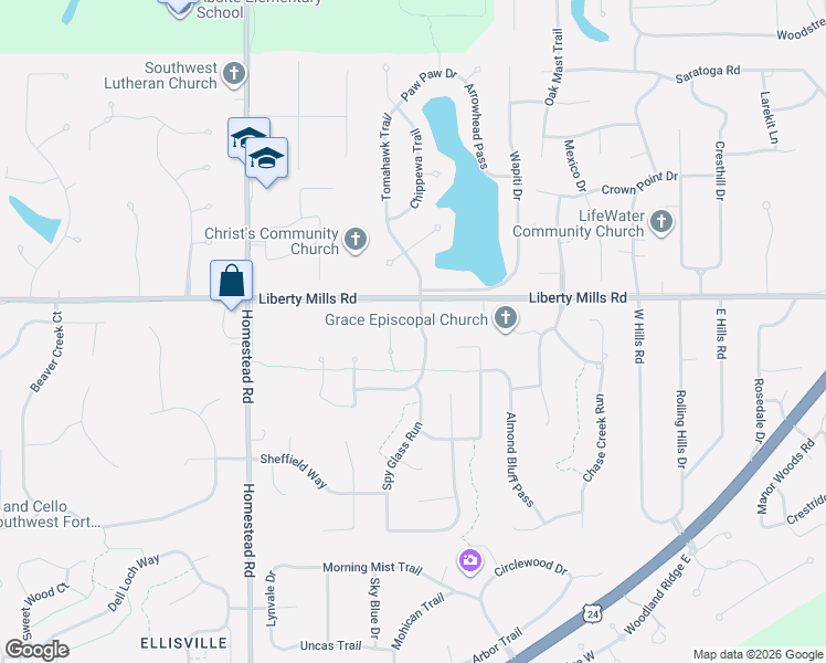 map of restaurants, bars, coffee shops, grocery stores, and more near 5920 Tomahawk Trail in Fort Wayne