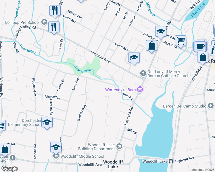 map of restaurants, bars, coffee shops, grocery stores, and more near 55 Glen Road in Woodcliff Lake