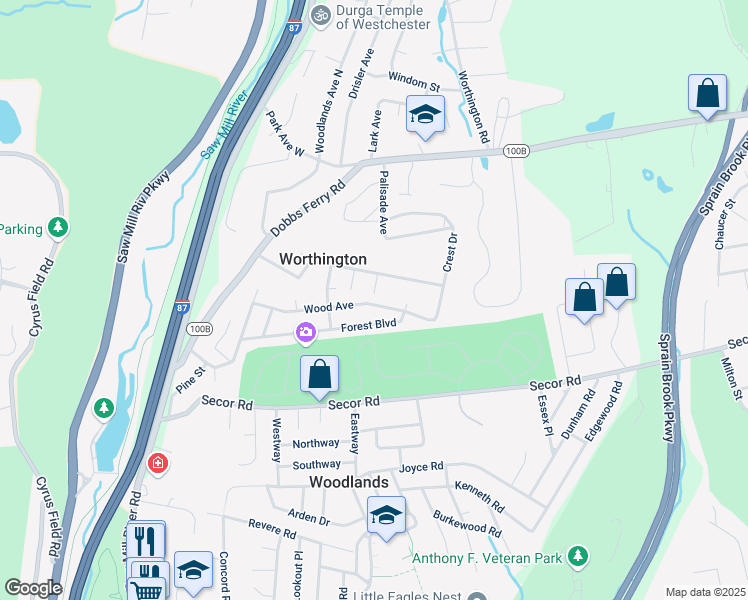 map of restaurants, bars, coffee shops, grocery stores, and more near 120 Wood Avenue in White Plains