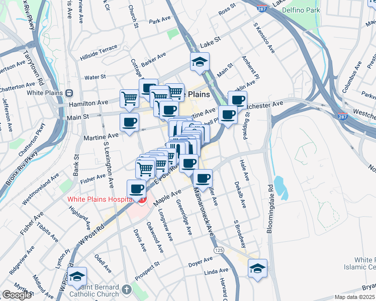 map of restaurants, bars, coffee shops, grocery stores, and more near 131 Mamaroneck Avenue in White Plains