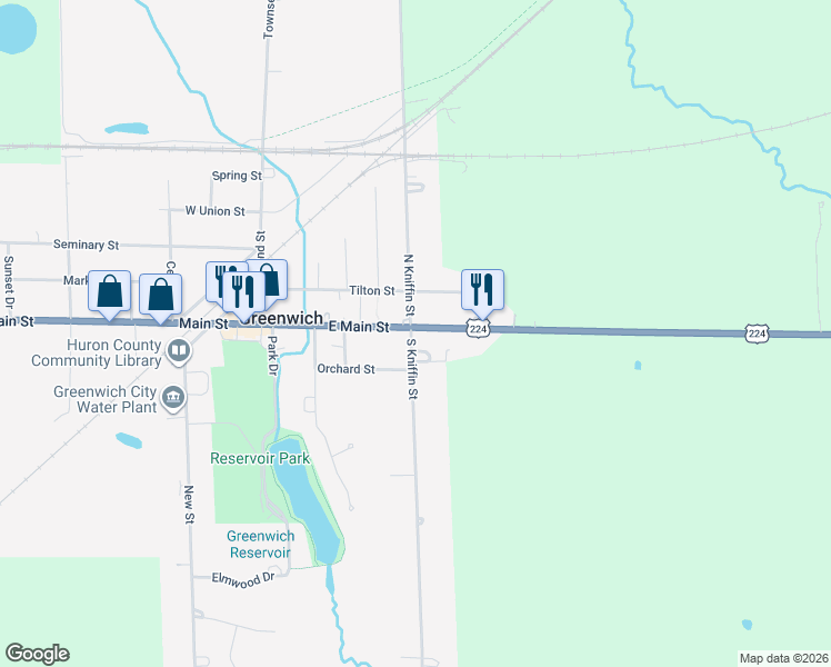 map of restaurants, bars, coffee shops, grocery stores, and more near 50 East Main Street in Greenwich