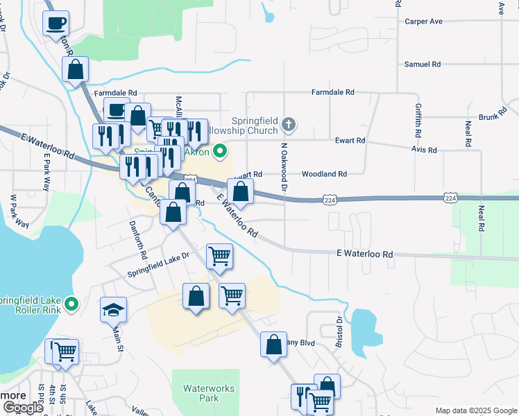 map of restaurants, bars, coffee shops, grocery stores, and more near 2962 Arcadia Road in Akron