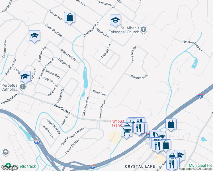 map of restaurants, bars, coffee shops, grocery stores, and more near 235 Ramapo Hills Boulevard in Franklin Lakes