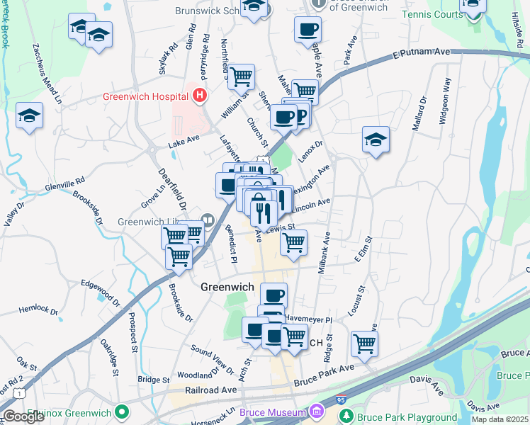 map of restaurants, bars, coffee shops, grocery stores, and more near 99 Greenwich Avenue in Greenwich