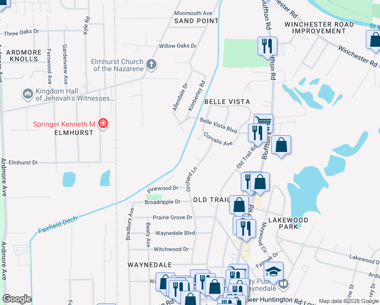 map of restaurants, bars, coffee shops, grocery stores, and more near 2726 Fairbrook Ct in Fort Wayne