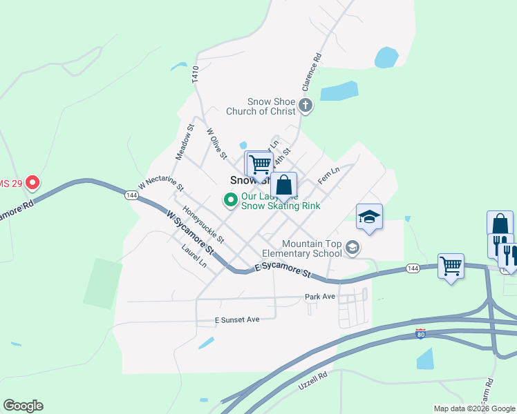 map of restaurants, bars, coffee shops, grocery stores, and more near 33 East Olive Street in Snow Shoe