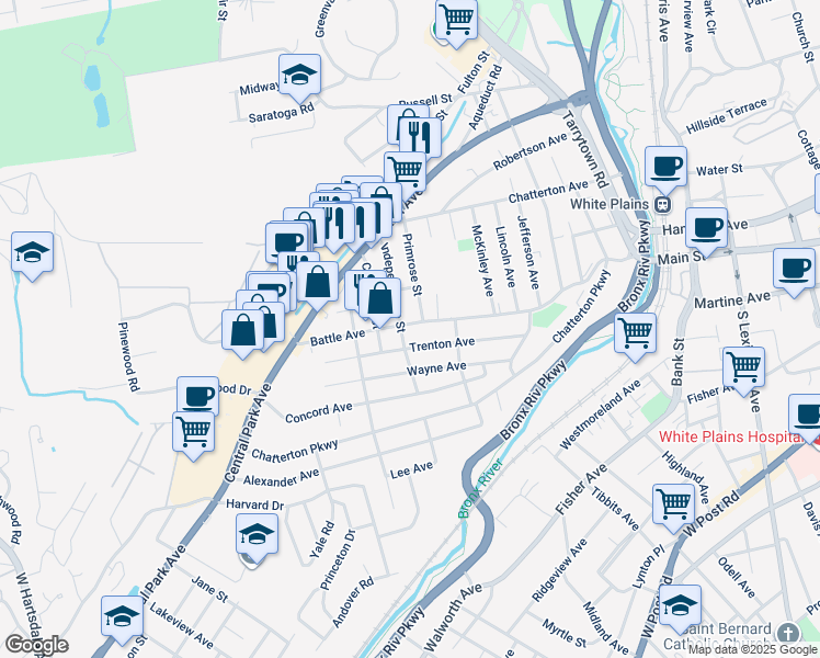 map of restaurants, bars, coffee shops, grocery stores, and more near 218 Battle Avenue in White Plains