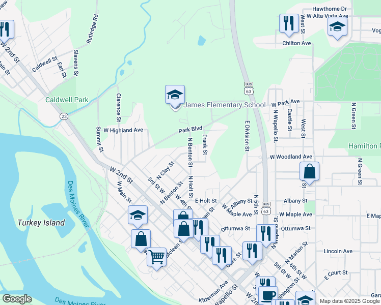 map of restaurants, bars, coffee shops, grocery stores, and more near 599 North Benton Street in Ottumwa