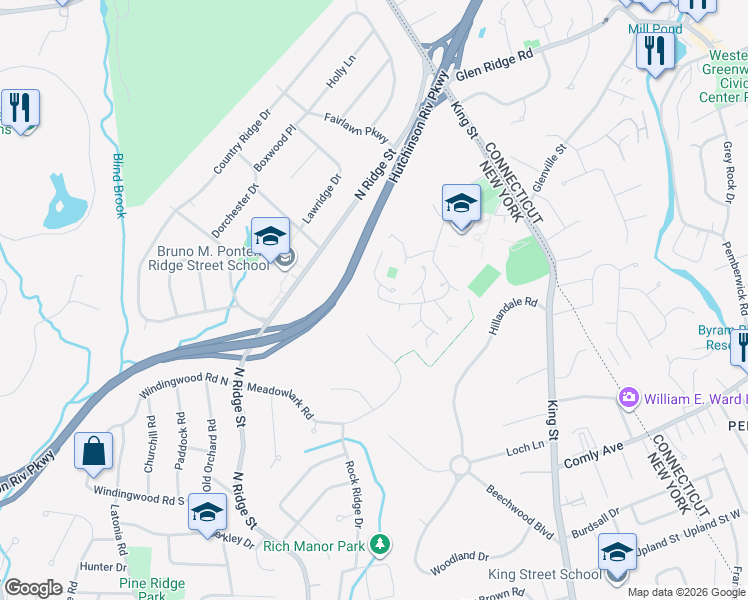 map of restaurants, bars, coffee shops, grocery stores, and more near 110 Brush Hollow Close in Rye Brook