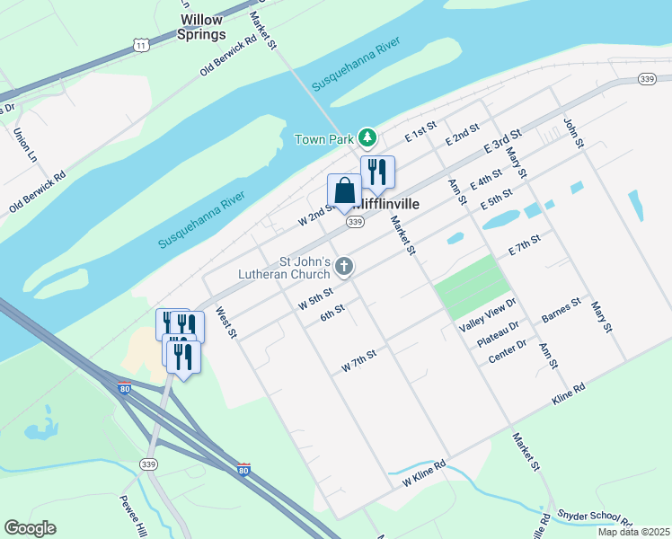 map of restaurants, bars, coffee shops, grocery stores, and more near in Mifflinville