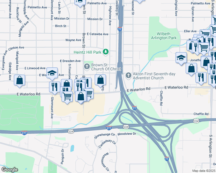 map of restaurants, bars, coffee shops, grocery stores, and more near 1910 Highview Avenue in Akron