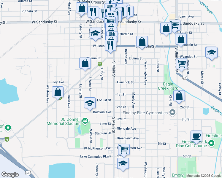 map of restaurants, bars, coffee shops, grocery stores, and more near 916 South Main Street in Findlay