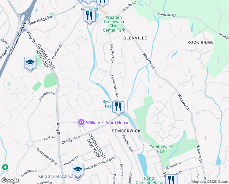 map of restaurants, bars, coffee shops, grocery stores, and more near 227 Pemberwick Road in Greenwich