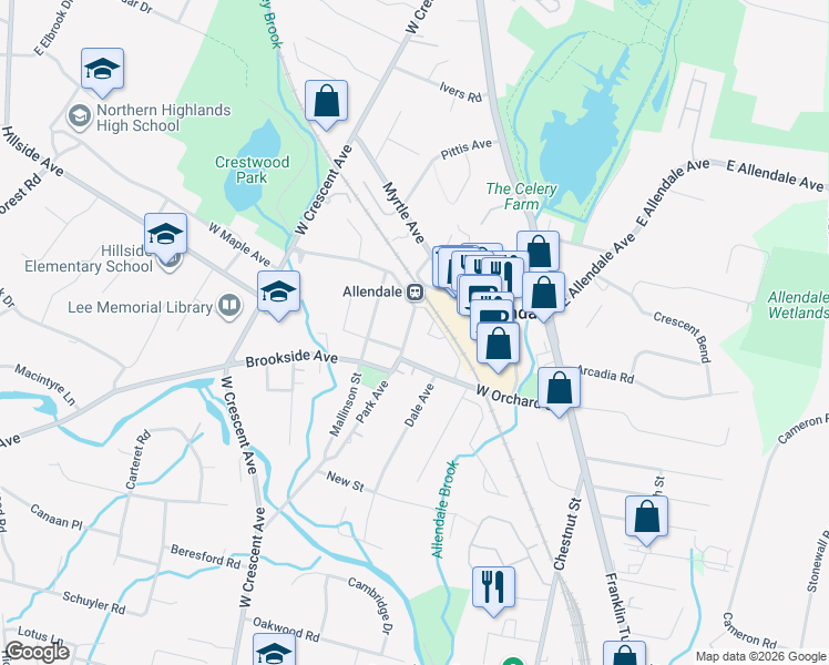 map of restaurants, bars, coffee shops, grocery stores, and more near 65 Park Avenue in Allendale