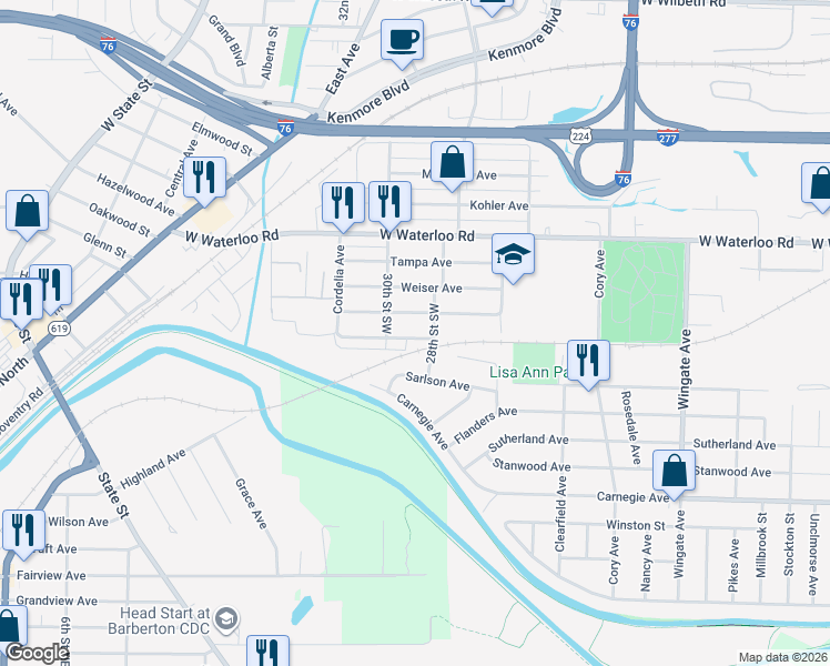 map of restaurants, bars, coffee shops, grocery stores, and more near 1268 Sevilla Avenue in Akron
