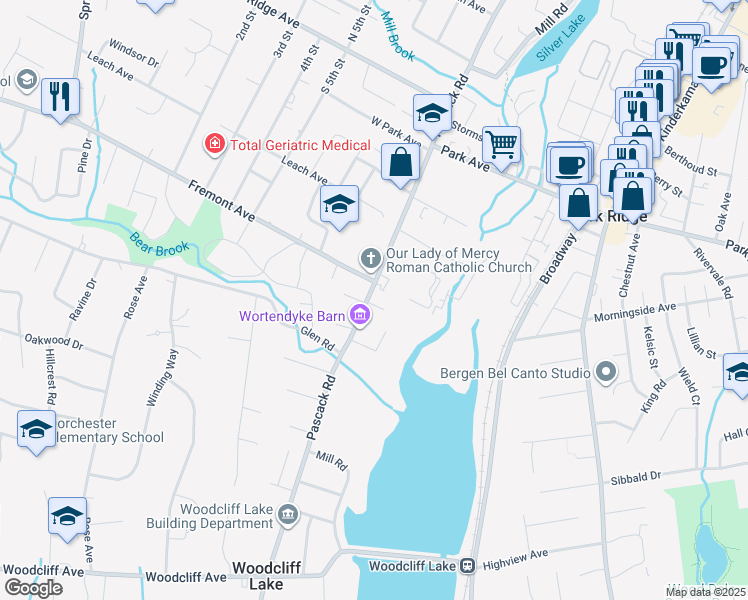 map of restaurants, bars, coffee shops, grocery stores, and more near 29 Pascack Road in Park Ridge