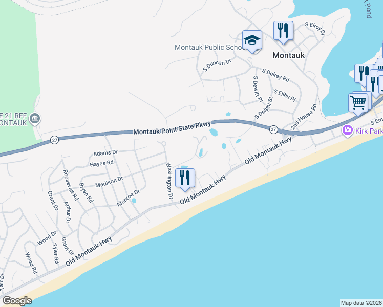 map of restaurants, bars, coffee shops, grocery stores, and more near 14 Fairview Avenue in Montauk
