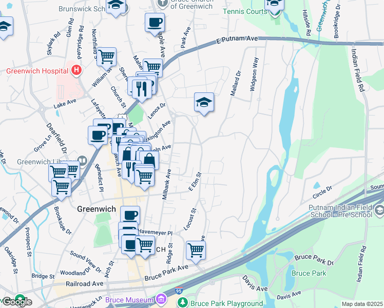map of restaurants, bars, coffee shops, grocery stores, and more near 47 Connecticut Avenue in Greenwich